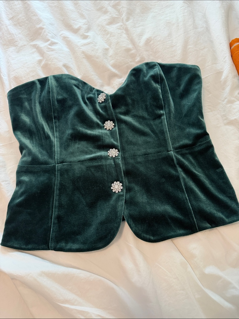 Dynamite Emerald Green Velvet Strapless Corset Crop Top with Rhinestone Buttons